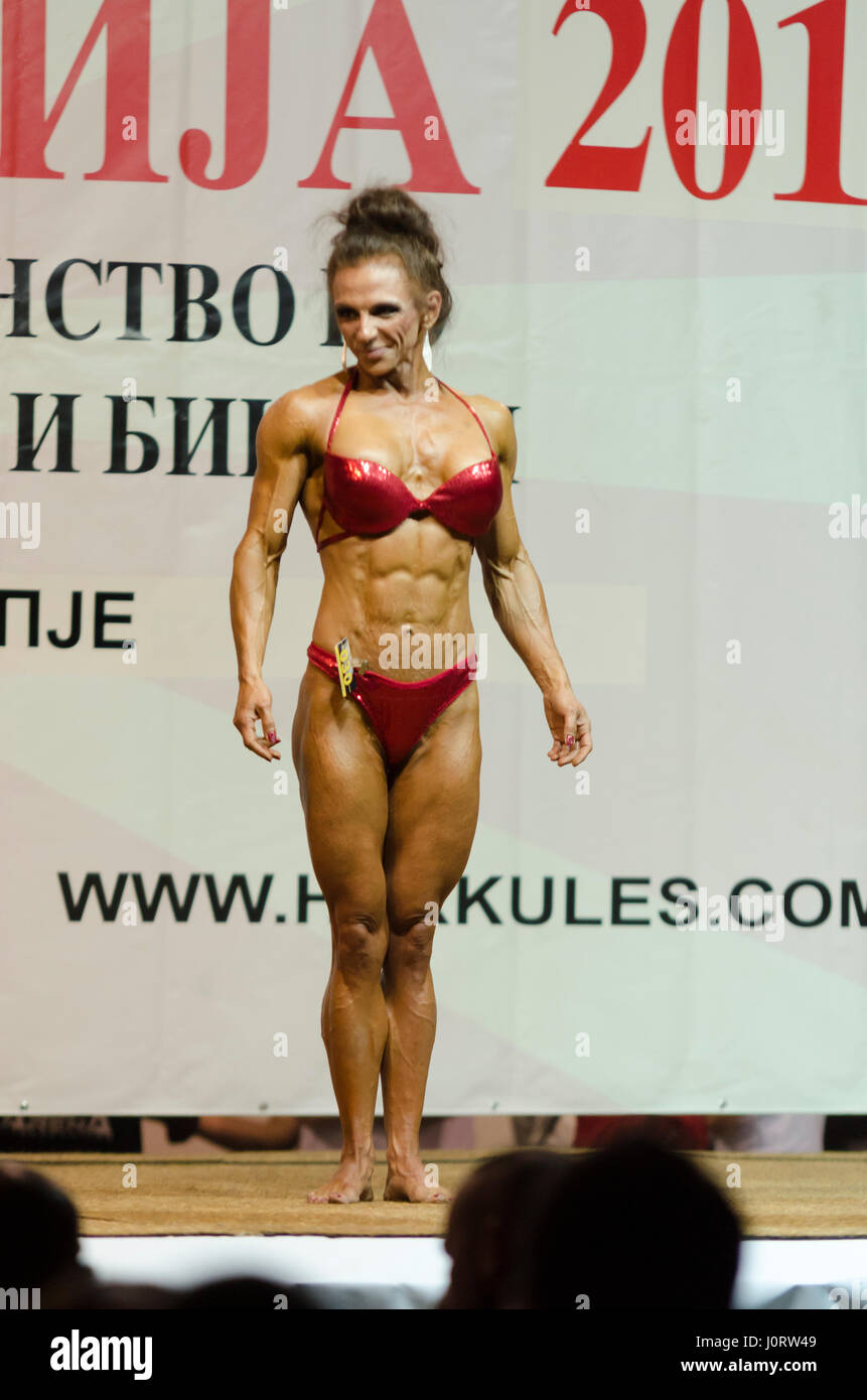Skopje, Macedonia. 15th April, 2017. Macedonia Cup 2017 in Bodybuilding, 15 April 2017 19:00 Skopje Fair, Hall 5, in Skopje, Repubic of Macedonia. Championship, Qualification, in Bodybuilding, Fitness, Bikini, Fitness, Body-Fitness Bodybuilding Classic, Physique, for men and women, juniors, seniors and veterans. Credit: Dragan Ristovski/Alamy Live News Stock Photo