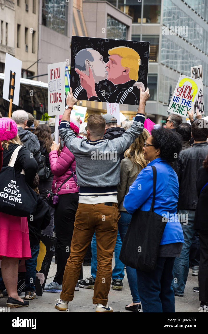 New York, USA. 15th April, 2017. Protesters gather in New York City calling on President Trump to release his personal tax returns on the date citizens are traditionally required to file taxes in the United States. Credit: Matthew Cherchio/Alamy Live News Stock Photo
