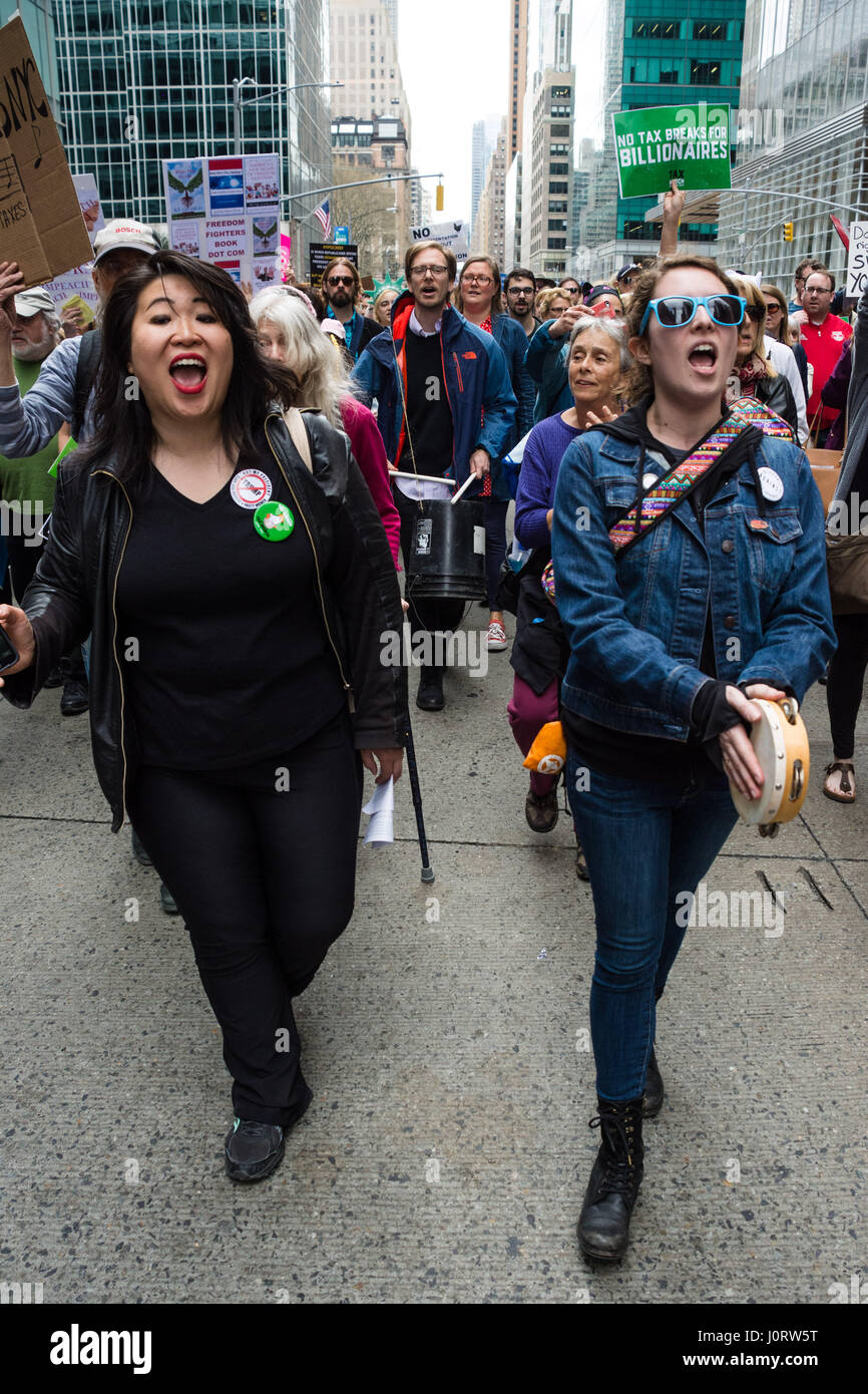 New York, USA. 15th April, 2017. Protesters gather in New York City calling on President Trump to release his personal tax returns on the date citizens are traditionally required to file taxes in the United States. Credit: Matthew Cherchio/Alamy Live News Stock Photo