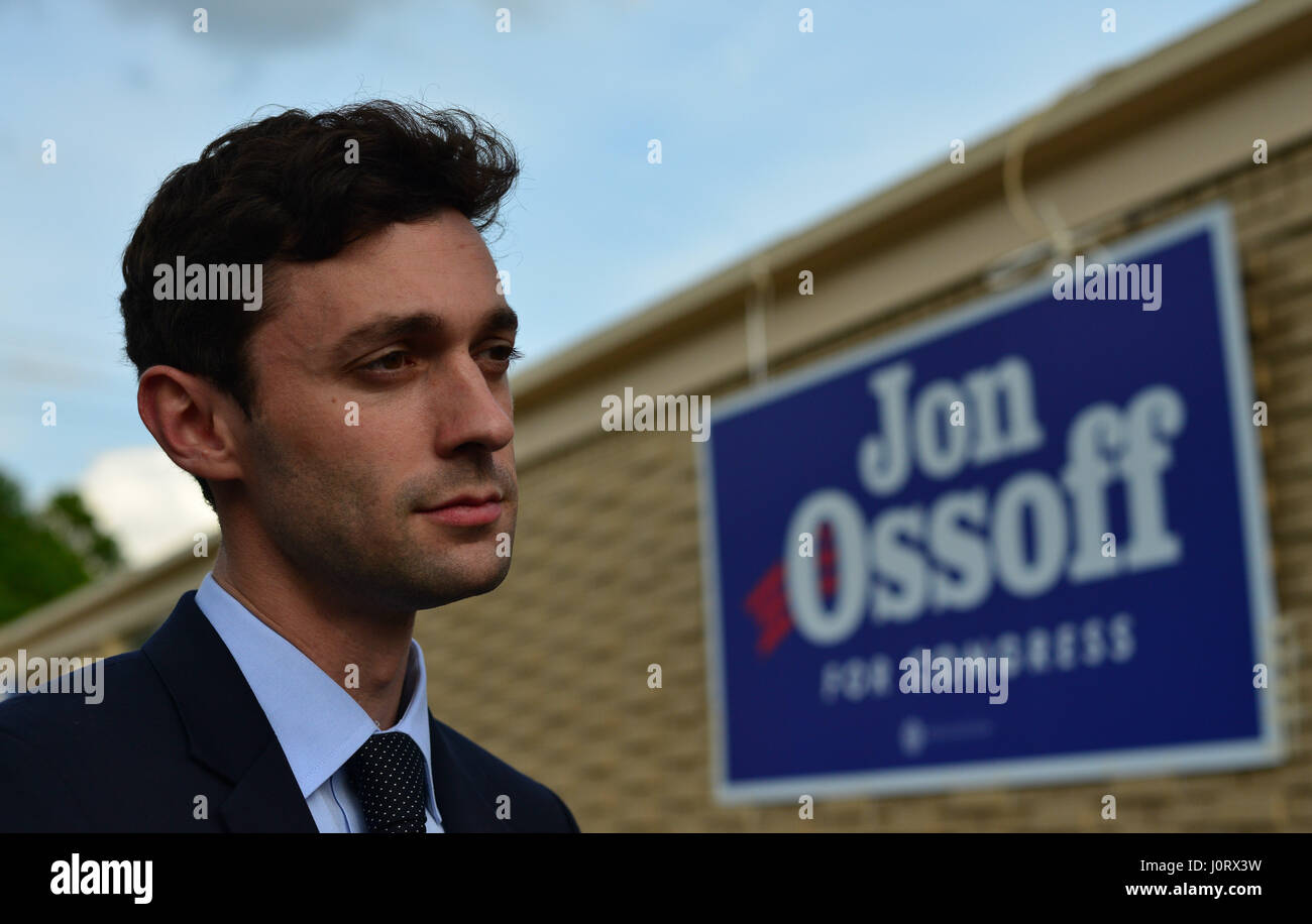 Atlanta, Georgia, USA. 15th Apr, 2017. Georgia Democratic Congressional candidate Jon Ossoff Kramer - in a tight race to claim the seat from the GOP for the first time in decades-- thanks supporters at his Sandy Springs campaign office outside Atlanta Saturday. Millions of dollars have poured into Ossoff's campaign to win the special election in Georgia's sixth congressional district, in which Ossoff is hoping to ride strong grass roots support and anti-Trump sentiment to victory. Credit: Miguel Juarez Lugo/ZUMA Wire/Alamy Live News Stock Photo