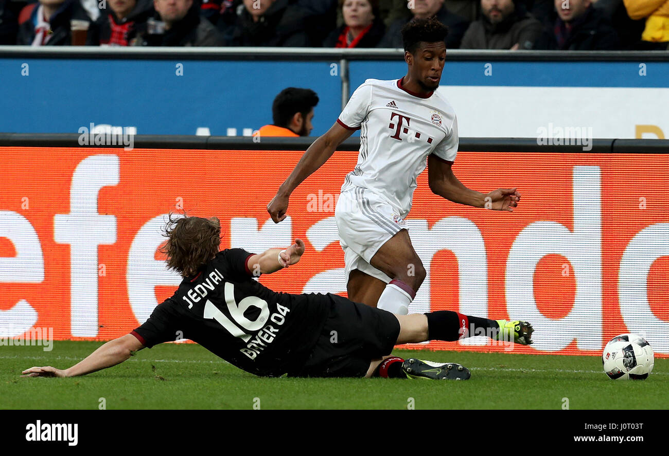 Leverkusen. 15th Apr, 2017. Tin Jedvaj of Bayer 04 Leverkusen vies with Kingsley Coman(R) of Bayern Munich during the Bundesliga soccer match between Bayer 04 Leverkusen and FC Bayern Munich at BayArena Stadium in Leverkusen, Germany on April 15, 2017. The match ended with a 0-0 draw. Credit: Joachim Bywaletz/Xinhua/Alamy Live News Stock Photo