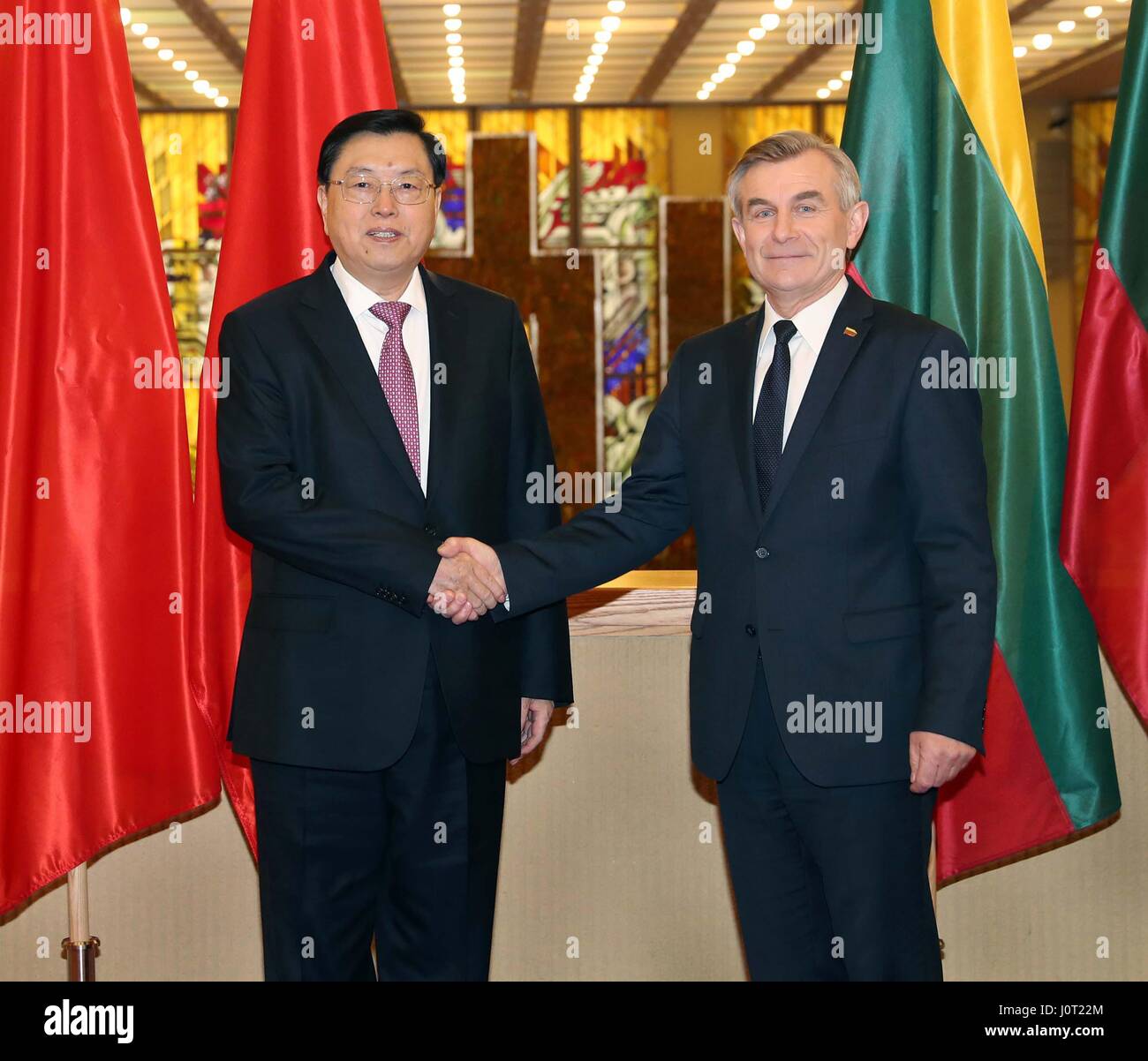 (170416) -- VILNIUS, April 16, 2017 (Xinhua) -- Zhang Dejiang (L), chairman of the Standing Committee of China's National People's Congress, holds talks with Speaker Viktoras Pranckietis of Seimas, the Lithuanian parliament, in Vilnius, capital of Lithuania, April 14, 2017. Zhang paid an official goodwill visit to Lithuania on April 14-16. (Xinhua/Liu Weibing) (lb) Stock Photo
