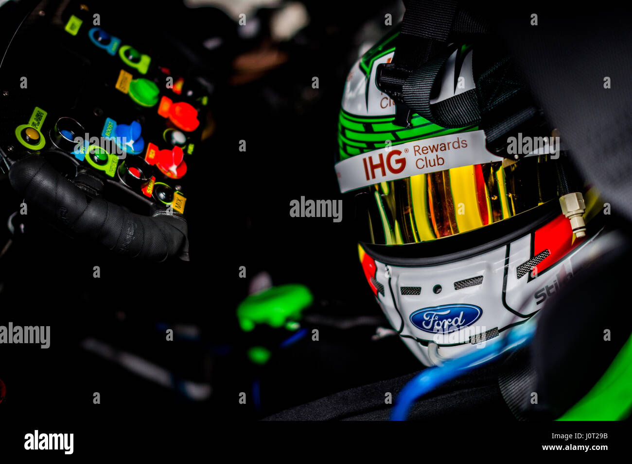 Towcester, Northamptonshire, UK. 16th April, 2017. FIA WEC racing driver Andy Priaulx (GBR) and Ford Chip Ganassi Team UK helmet before the 6 Hours of Silverstone of the FIA World Endurance Championship Autograph session at Silverstone Circuit Photo by Gergo Toth / Alamy Live News Stock Photo