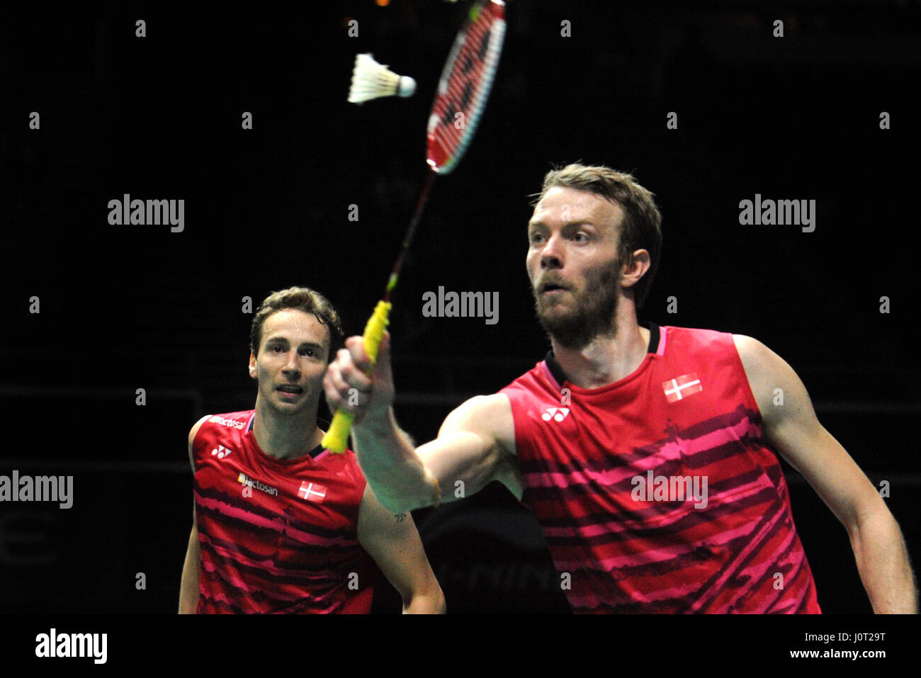 Singapore. 16th Apr, 2017. Denmark's Mathias Boe and Carsten Mogensen (R)  compete during the men's doubles final match against China's Li Junhui and  Liu Yuchen at the OUE Singapore Open in Singapore,