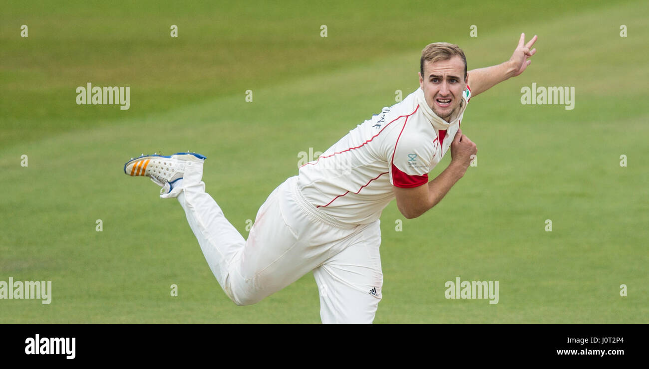 London, UK. 16 April, 2017. Lancs skipper, Liam Livingstone bowling for Lancashire against Surrey on day three of the Specsavers County Championship game at the Oval. David Rowe/Alamy Live News Stock Photo