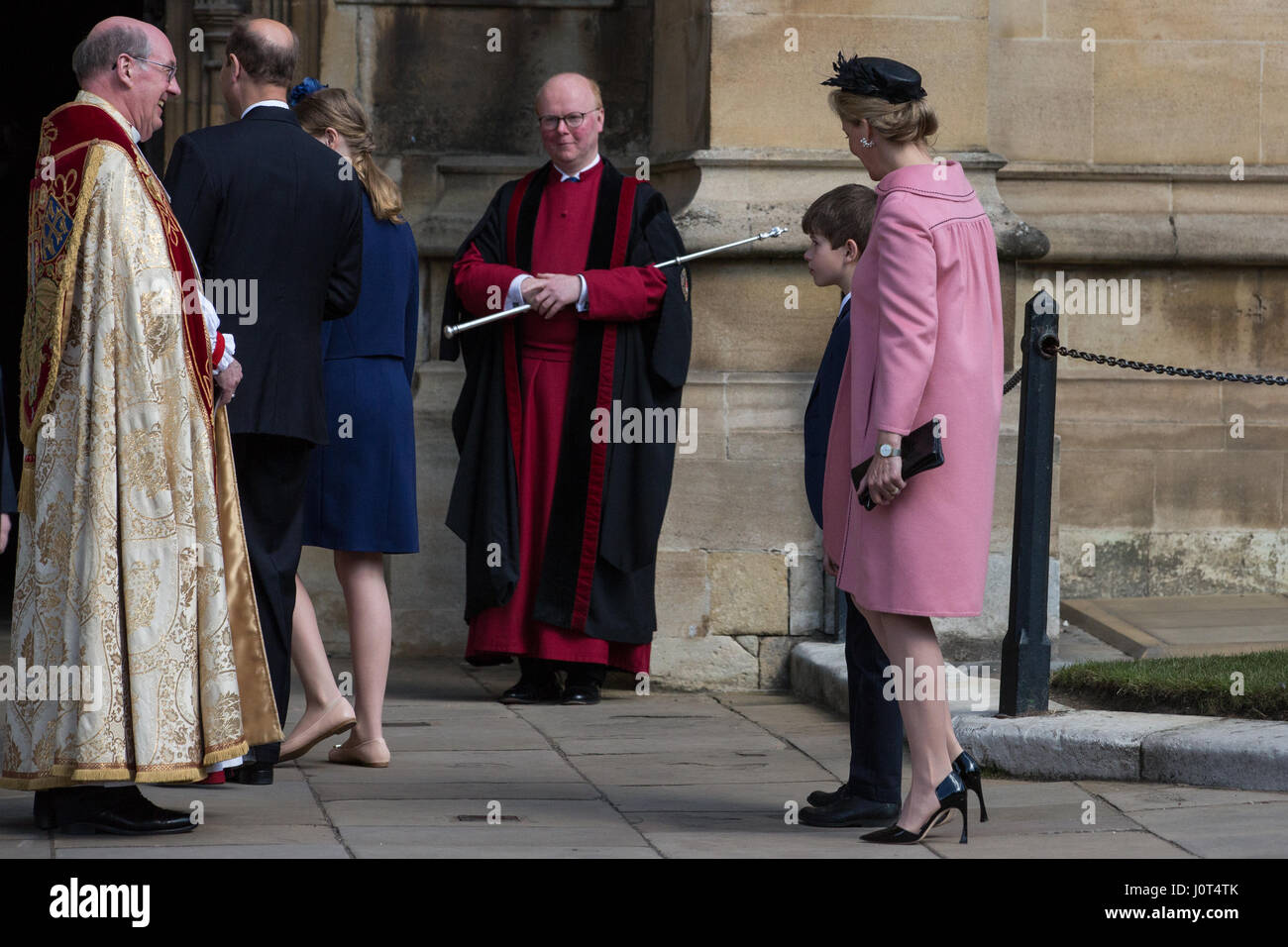 Windsor, UK. 16th April, 2017. The Countess of Wessex and her son, James, Viscount Severn, are greeted by the Dean of Windsor, the Rt Revd David Conner KCVO, upon arrival for the Easter Sunday service at St George's Chapel in Windsor Castle. Credit: Mark Kerrison/Alamy Live News Stock Photo