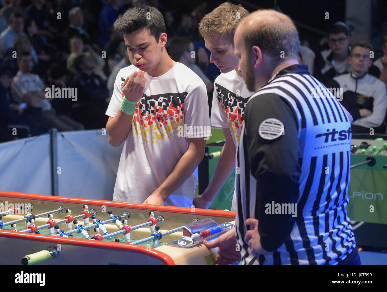 Hamburg, Germany. 16th Apr, 2017. Marc Stoffe (l) and Steffen Zipfel from  the Junior Team Germany in action against Team France during the junior  final at the Table Soccer World Cup in