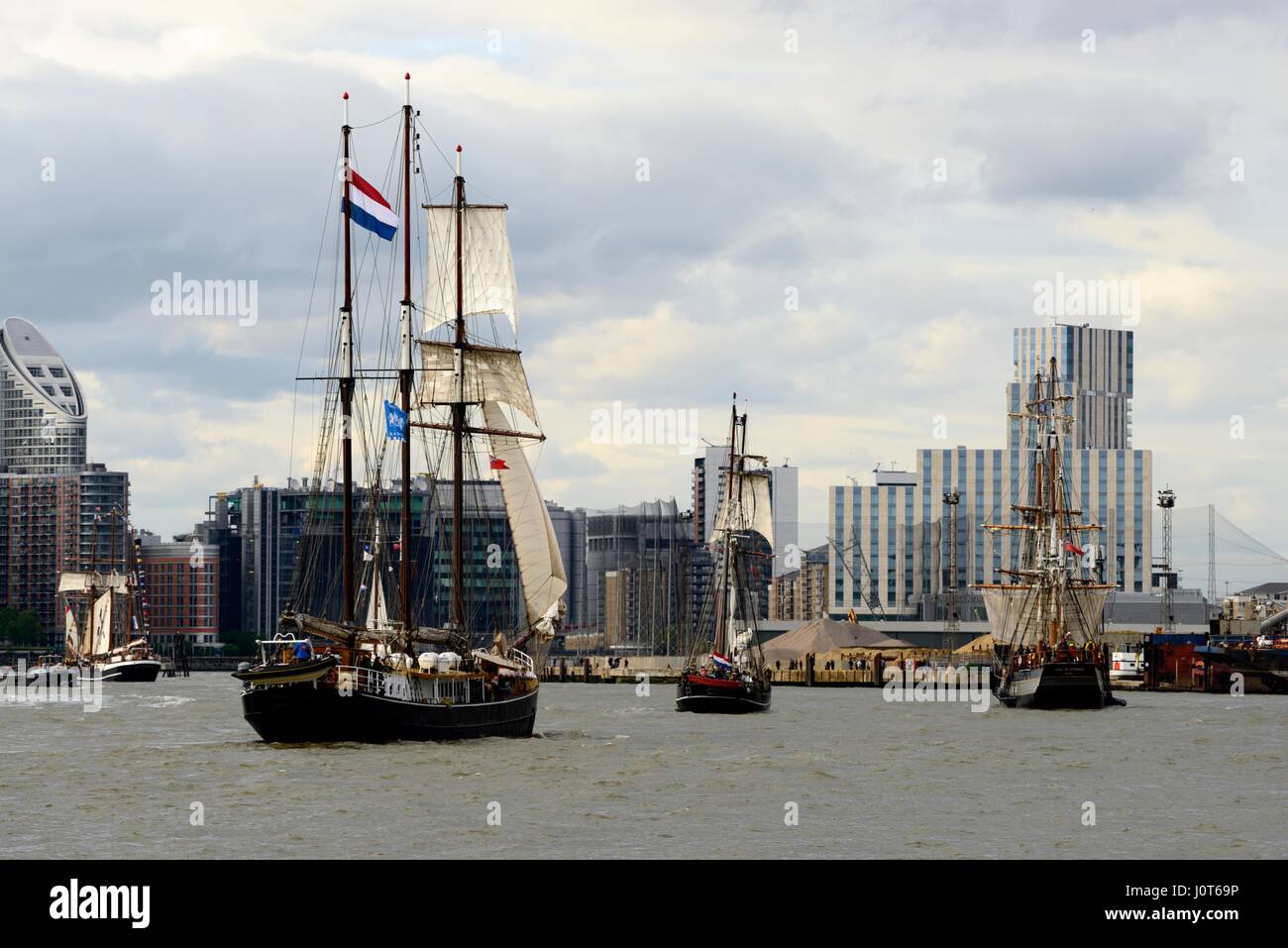 London, UK. 16th Apr, 2017. The tall ships regatta leaving London. Sailing down the Thames river from Greenwich to sail across the Atlantic to Canada. Photo taken on the south bank of the Thames between Greenwich and the O2 centre, on Sunday 16.4.2017. Credit: Mika Schick/Alamy Live News Stock Photo