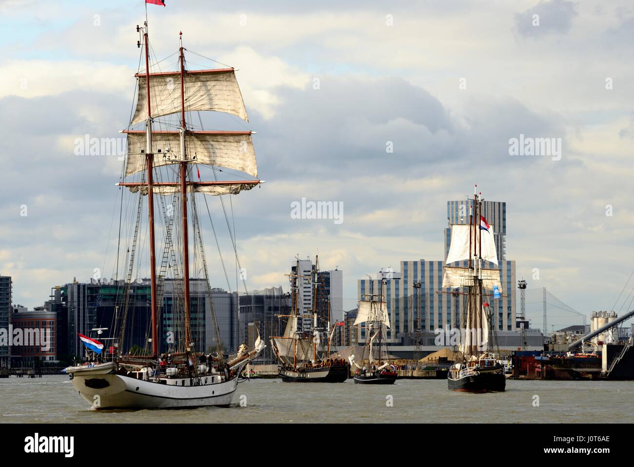 London, UK. 16th Apr, 2017. The tall ships regatta leaving London. Sailing down the Thames river from Greenwich to sail across the Atlantic to Canada. Photo taken on the south bank of the Thames between Greenwich and the O2 centre, on Sunday 16.4.2017. Credit: Mika Schick/Alamy Live News Stock Photo