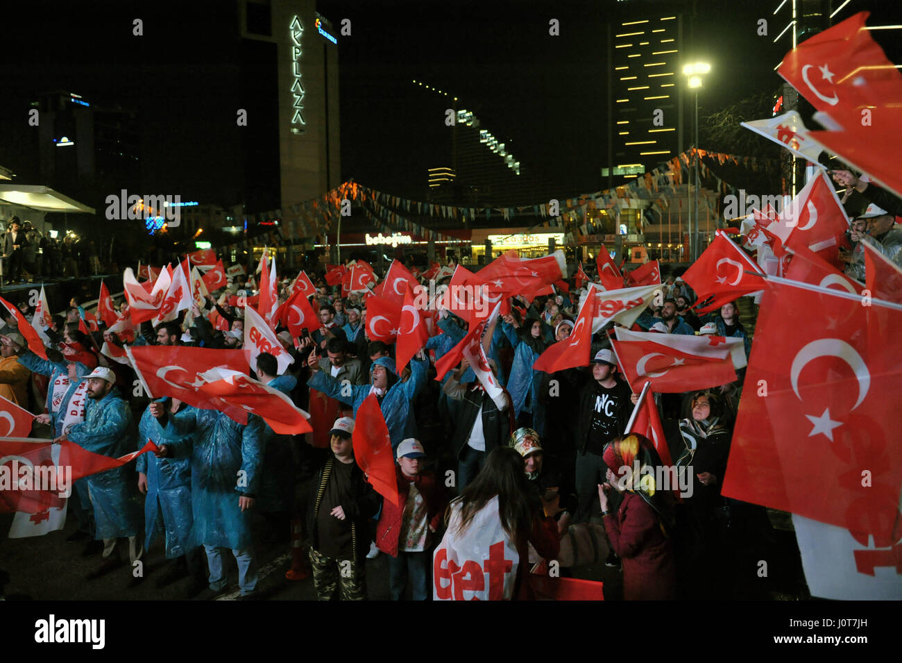 Ankara, Turkey. 16th Apr, 2017. Turkish citizens celebrate the victory of referendum in Ankara, capital of Turkey, on April 16, 2017. Turkish President Recep Tayyip Erdogan declared on Sunday night that the proposed constitutional changes were accepted in a referendum, paying the way for the country to introduce the presidential system. Credit: Mustafa Kaya/Xinhua/Alamy Live News Stock Photo
