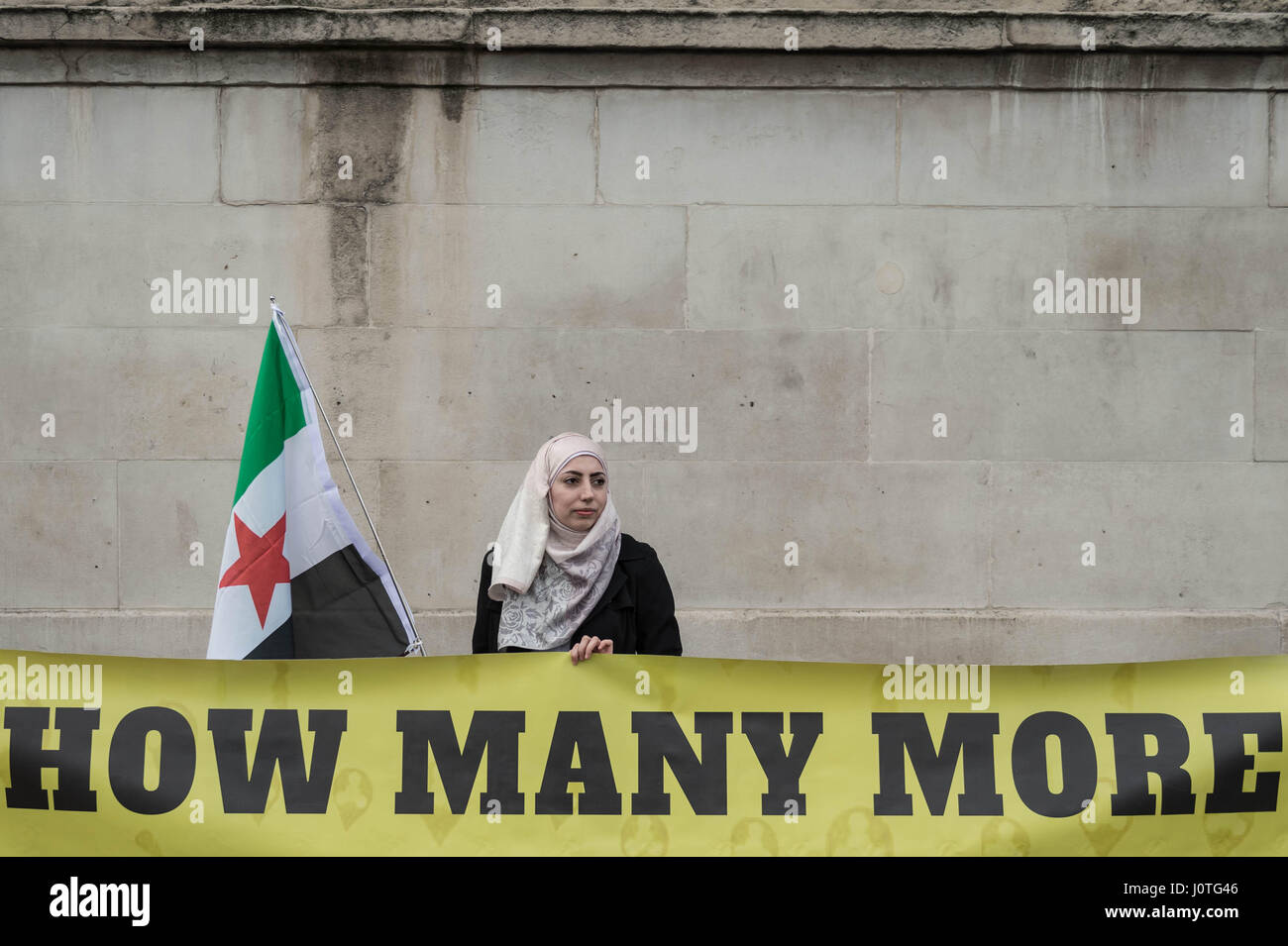London, UK. 13th April, 2017. Women For Syria Vigil. Women and supporters attend a vigil and rally in Trafalgar Square organised by Syria Solidarity Campaign in the wake of recent atrocities in Syria to call on the British Government to allow more Syrian refugees into the UK. © Guy Corbishley/Alamy Live News Stock Photo