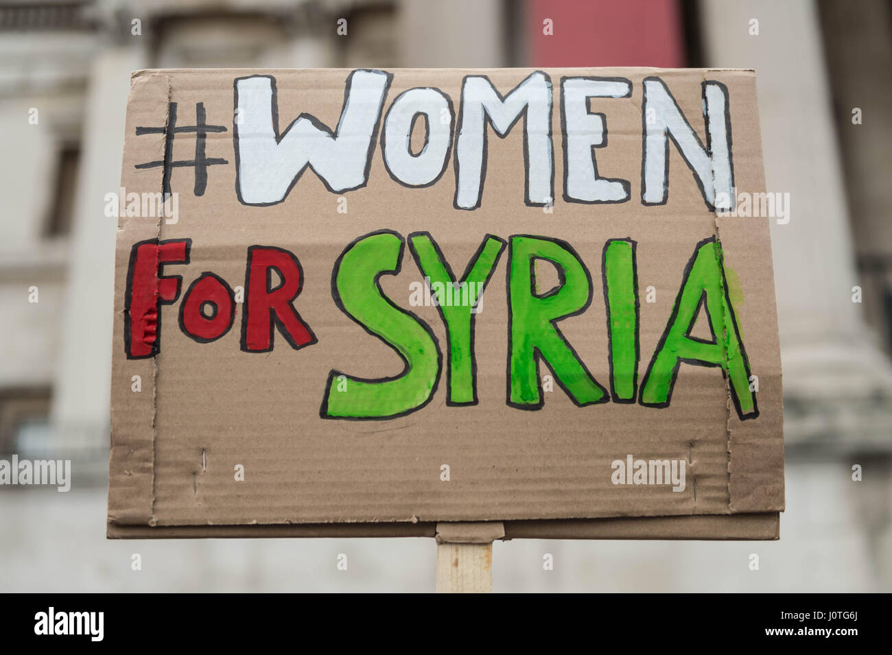 London, UK. 13th April, 2017. Women For Syria Vigil. Women and supporters attend a vigil and rally in Trafalgar Square organised by Syria Solidarity Campaign in the wake of recent atrocities in Syria to call on the British Government to allow more Syrian refugees into the UK. © Guy Corbishley/Alamy Live News Stock Photo
