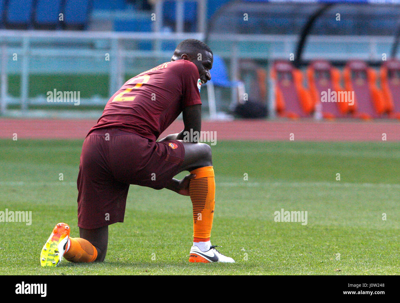 Rome, Italy. 15th Apr, 2017. RomaÕs Antonio Ruediger reacts at the end of the Serie A soccer match between Roma and Atalanta at the Olympic stadium. The game ended 1-1. Credit: Riccardo De Luca/Pacific Press/Alamy Live News Stock Photo