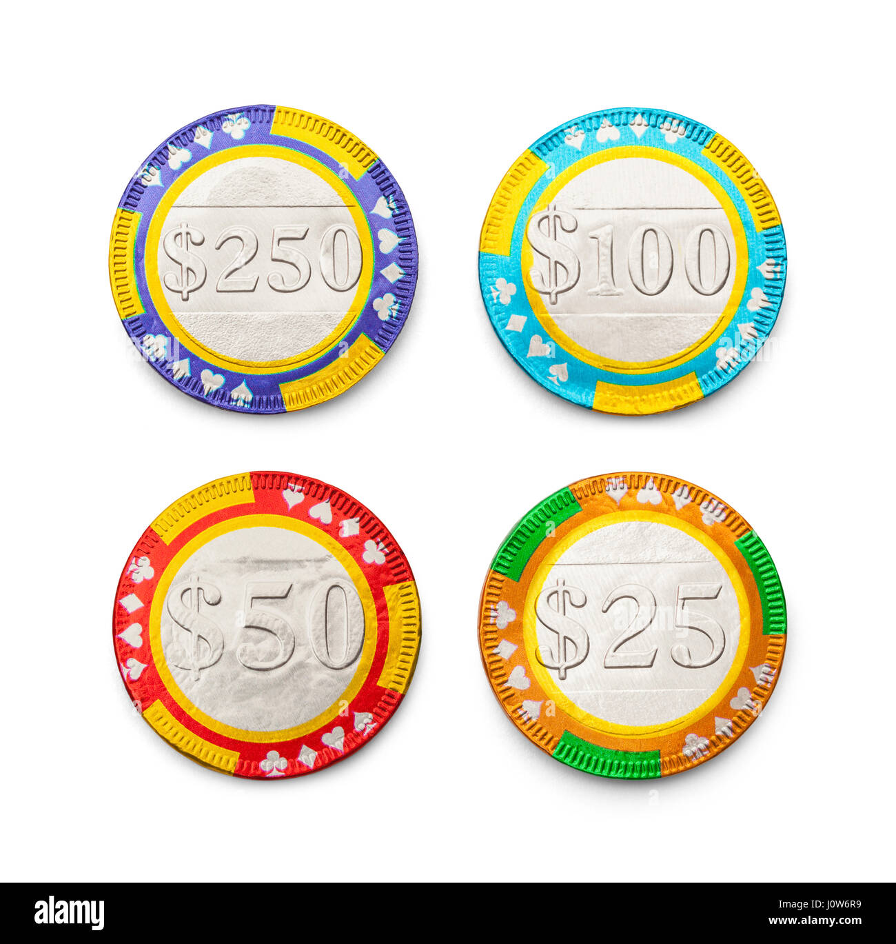 Four Gambling Chips Isolated on a White Background. Stock Photo