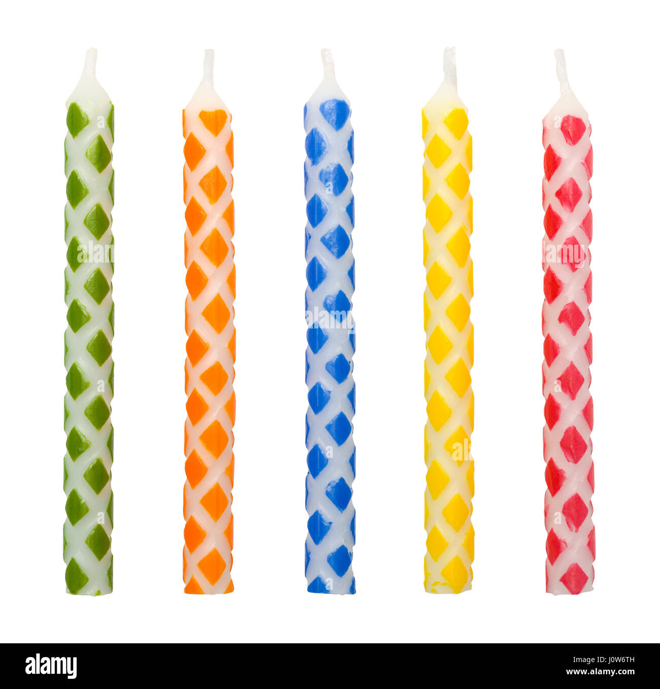Five Checkered Cut Wax Birthday Candles Cut Out. Stock Photo