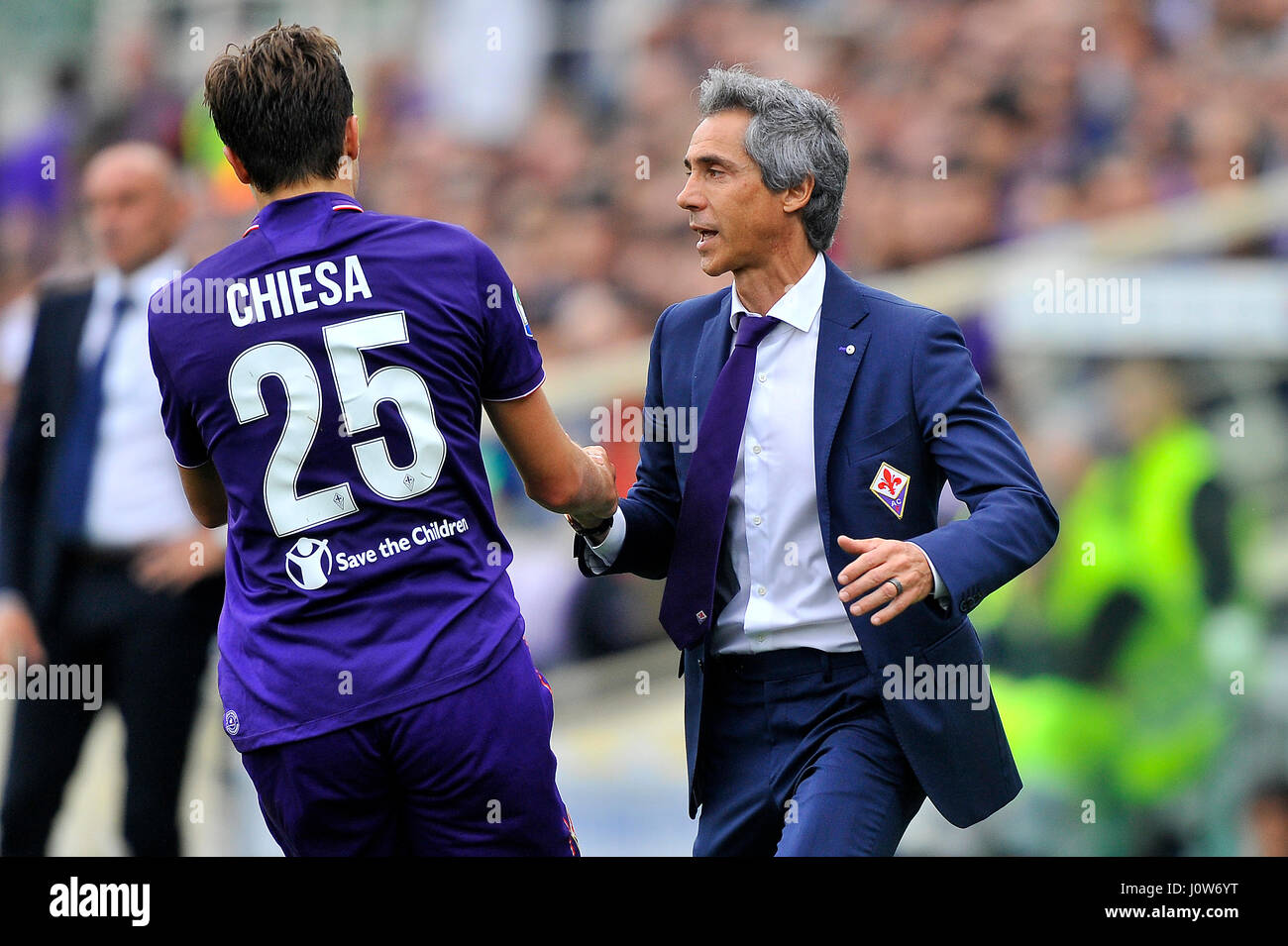 Florence, Italy. 15th Apr, 2017. A.c.f. Fiorentina's head coach Paulo Sousa  and Federico Chiesa during the Italian Serie A soccer match between A.c.f.  Fiorentina and Empoli F.c. at Artemio Franchi Stadium. Credit: