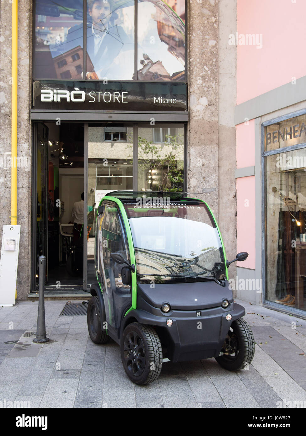 Biro , electrical smart city car designed in Italy, store in Milan, Italy Stock Photo