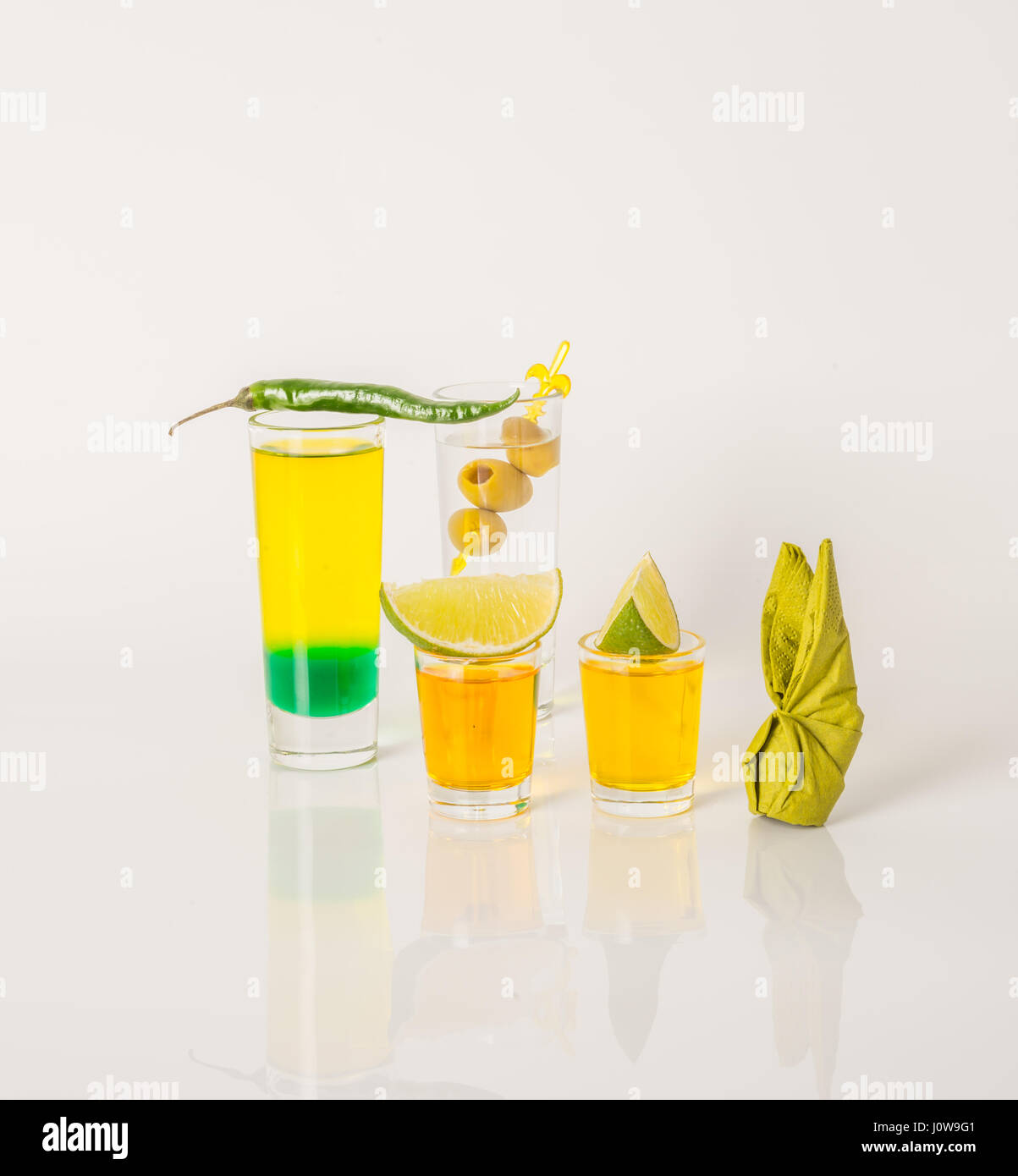 Colorful set of drinks, color drink decorated with fruit, color shots ...