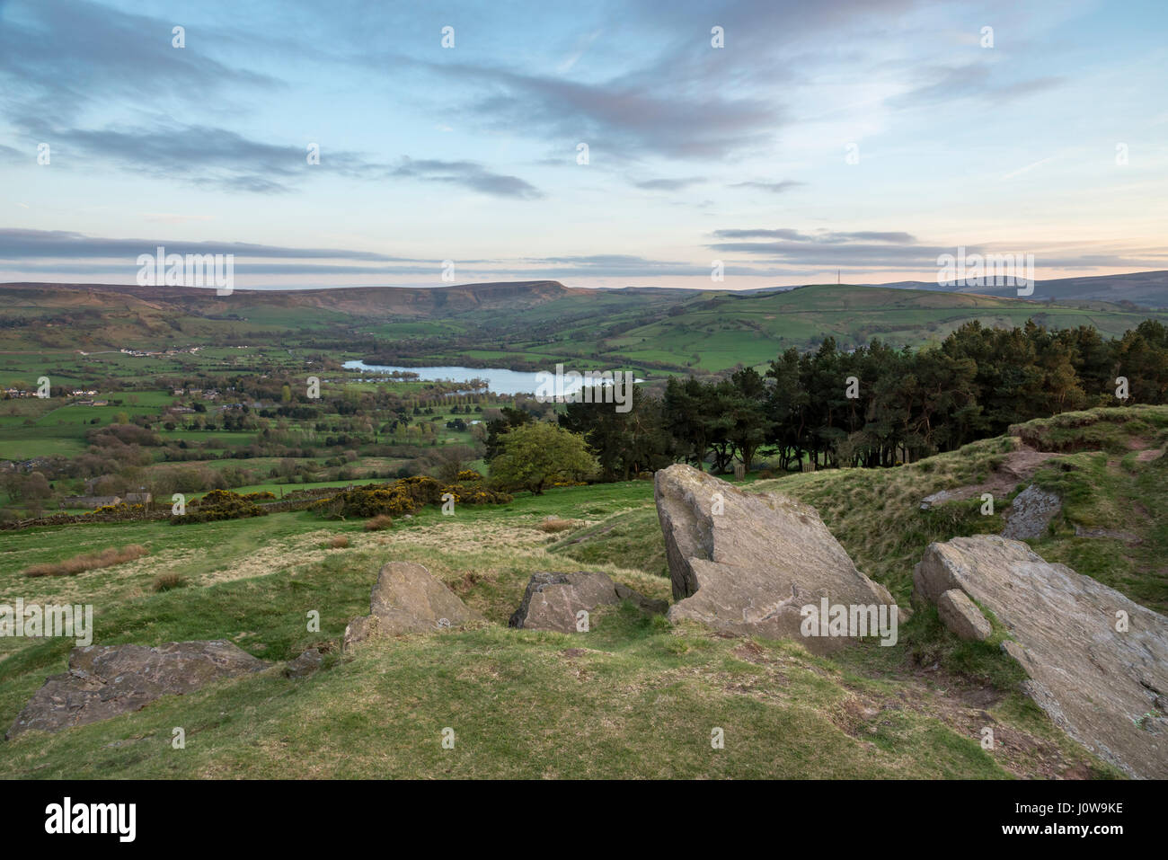 View from Eccles Pike, Derbyshire at dusk. Looking towards Coombs edge and Coombs reservoir in the Peak District national park. A spring evening. Stock Photo