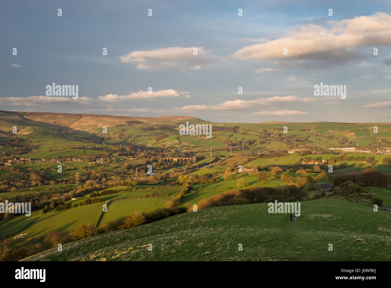 Beautiful Peak District view from Eccles Pike in Derbyshire, England. A spring evening looking down towards Chapel Milton. Stock Photo