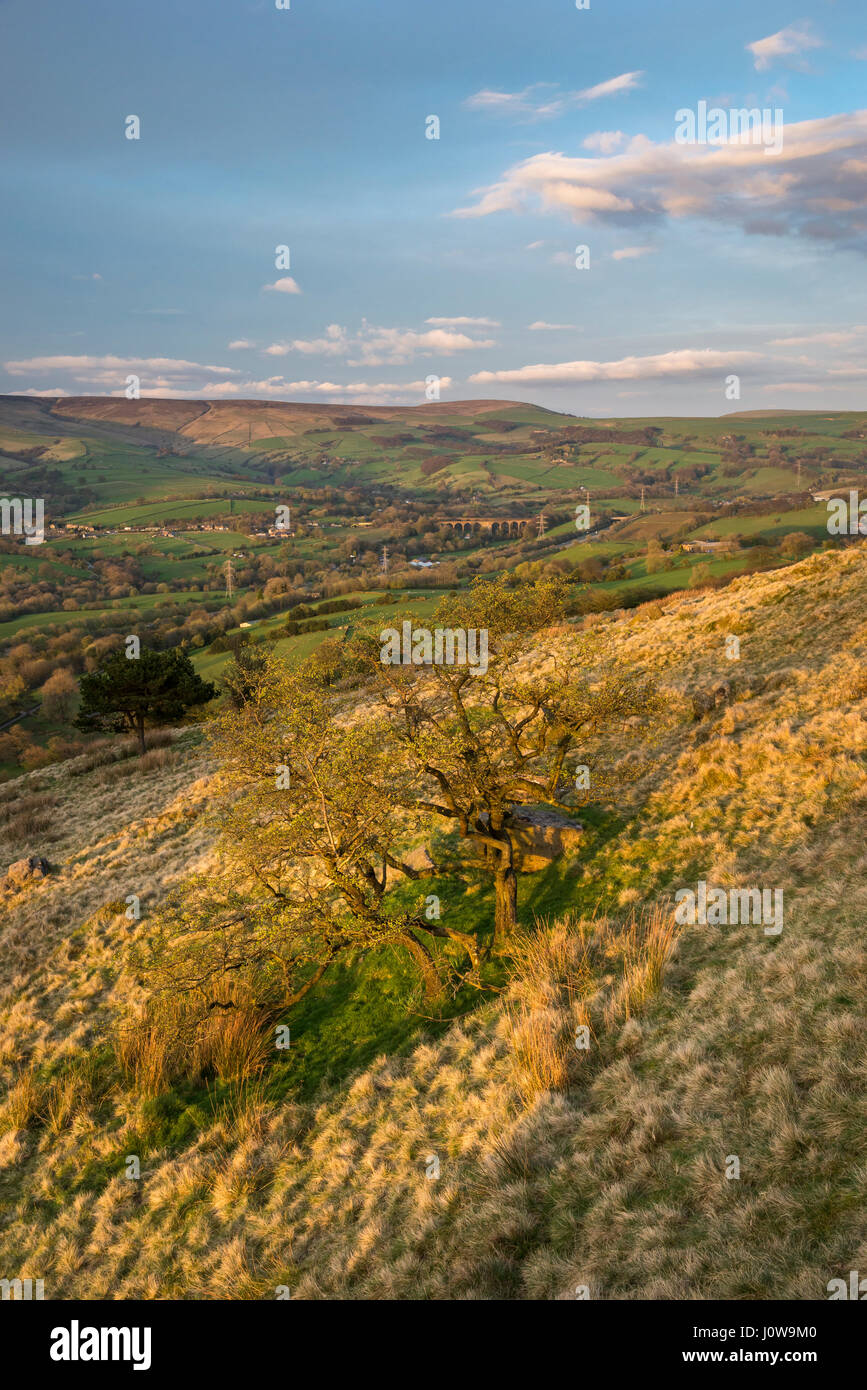 A lovely spring evening on Eccles Pike, Derbyshire. VIew towards Chinley and Chapel Milton. Stock Photo