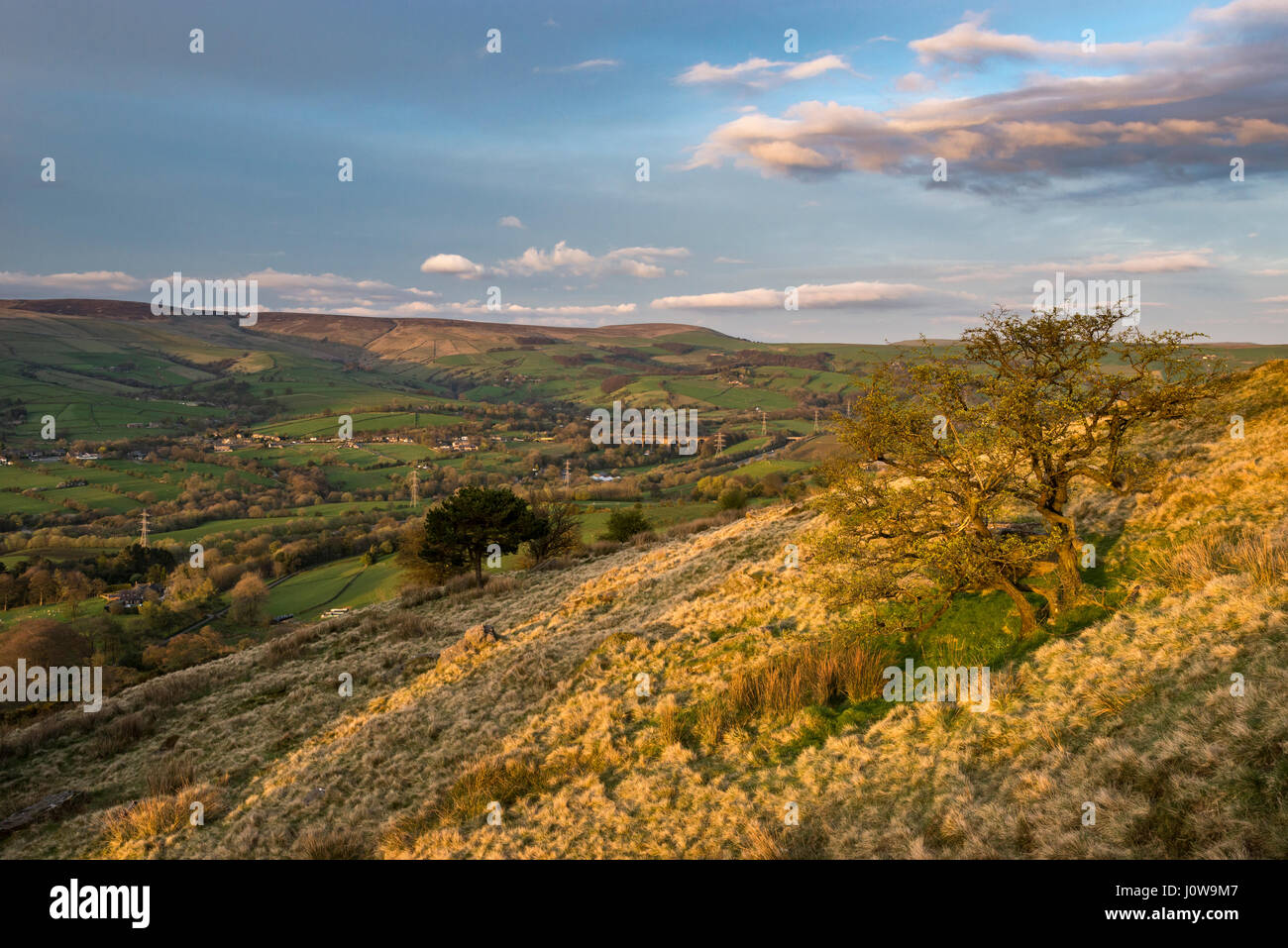 A lovely spring evening on Eccles Pike, Derbyshire. VIew towards Chinley and Chapel Milton. Stock Photo