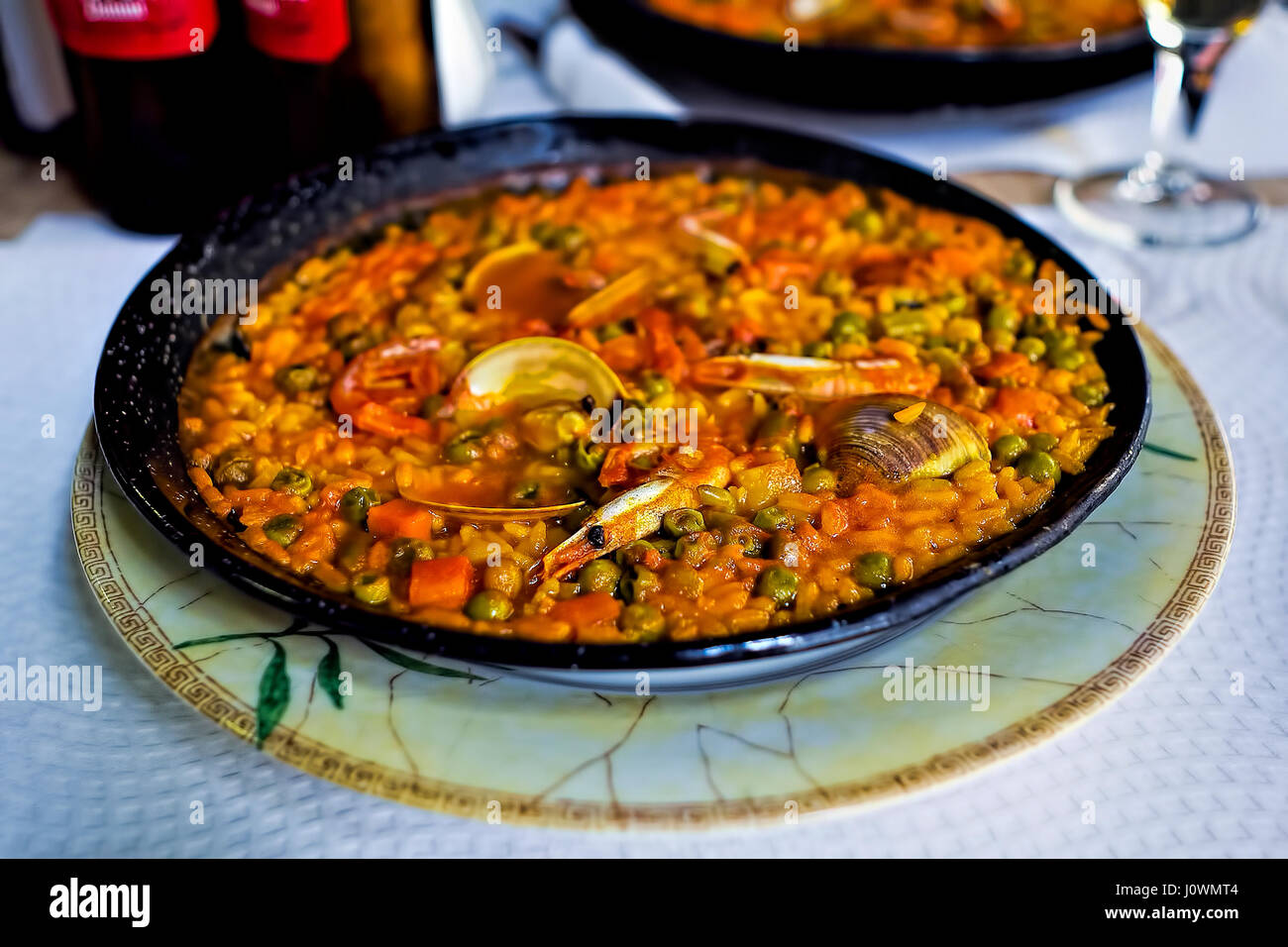Traditional seafood Paella Spain with seafood and vegetables, Barcelona