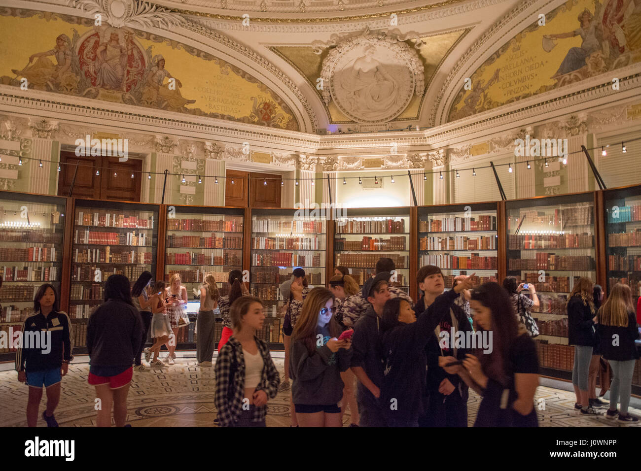 Visitors in the permanent exhibit of Thomas Jefferson’s books at the Library of Congress in Washington, DC. Stock Photo