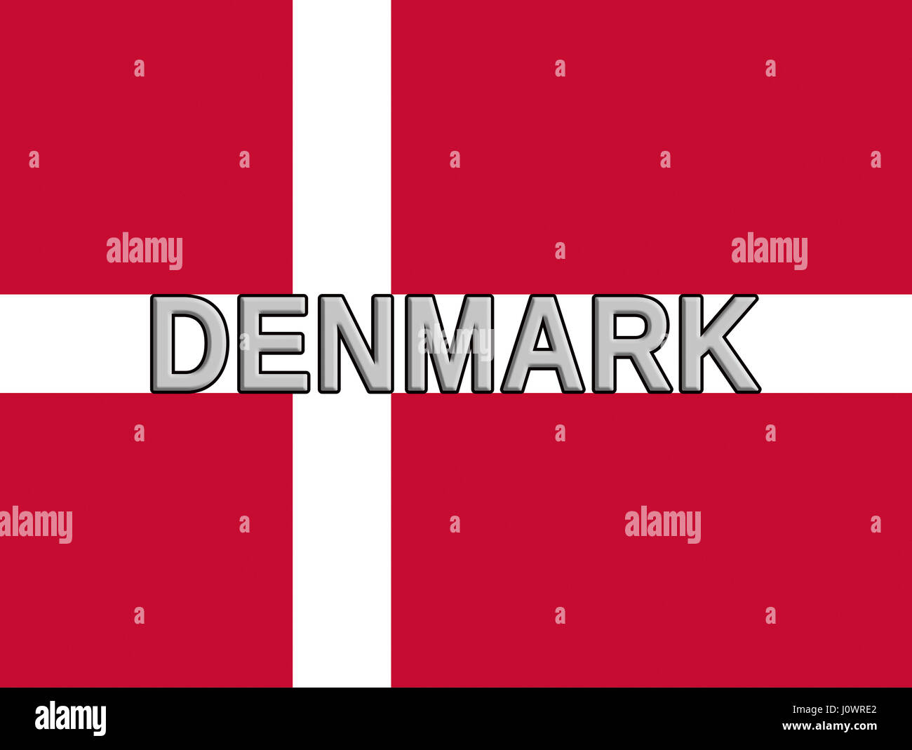 Illustration of the national flag of Denmark with the country written on the flag. Stock Photo