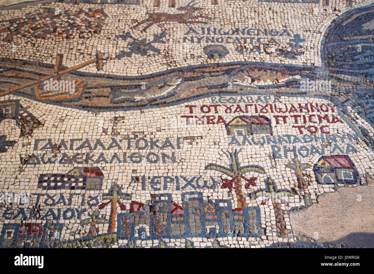 The Madaba Mosaic Map, a map Palestine and the Nile Delta dating from the 6th century on the floor of the Greek Orthodox Basilica of Saint George Stock Photo