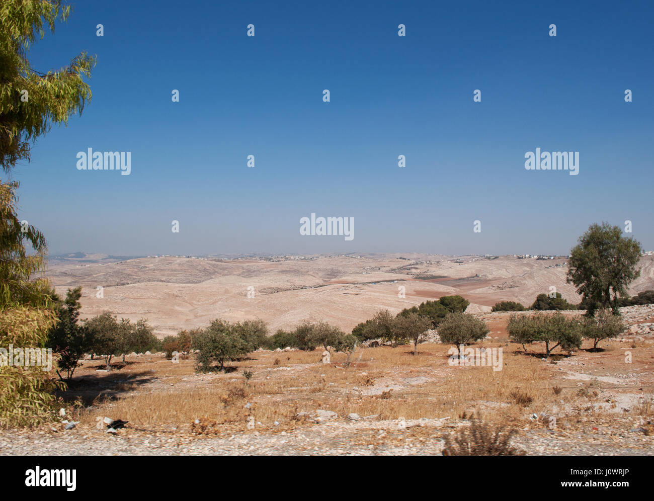 Jordanian and desert landscape seen from the top of Mount Nebo, in the Hebrew Bible the place where Moses was showed the Promised Land Stock Photo