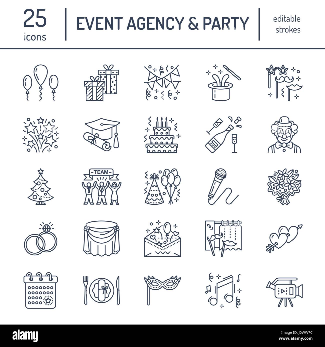 Event agency, wedding organization vector line icon. Party service catering, birthday cake, balloon decoration, flower delivery, invitation, clown. Thin linear sign of entertainment, team building Stock Vector