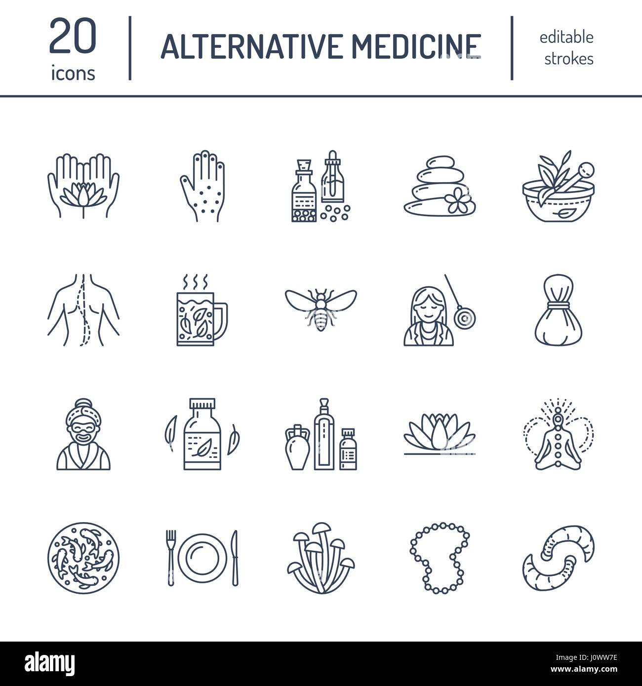Alternative medicine line icons. Naturopathy, traditional treatment, homeopathy, osteopathy, herbal fish and leech therapy. Thin linear signs for health care center. color Stock Vector