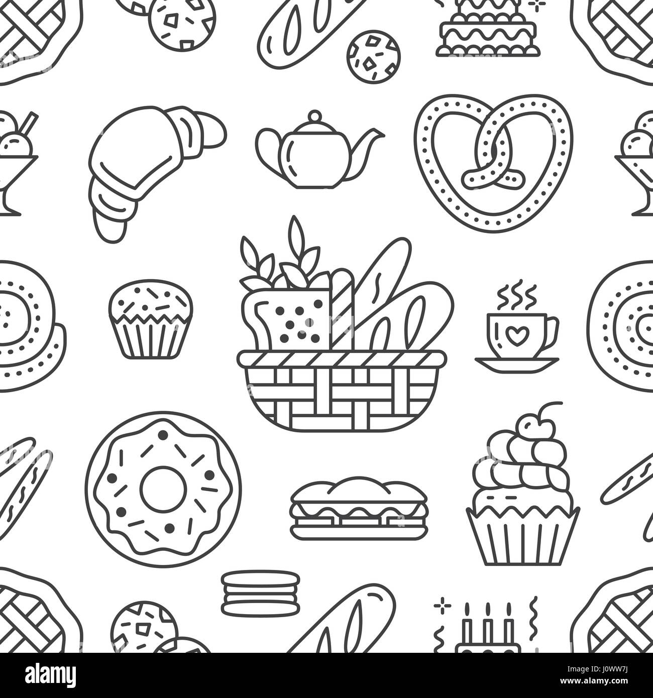 Bakery seamless pattern, food vector background of black, white color. Confectionery products thin line icons - cake, croissant, muffin, pastry, cupcake, pie. Cute repeated illustration for sweet shop Stock Vector