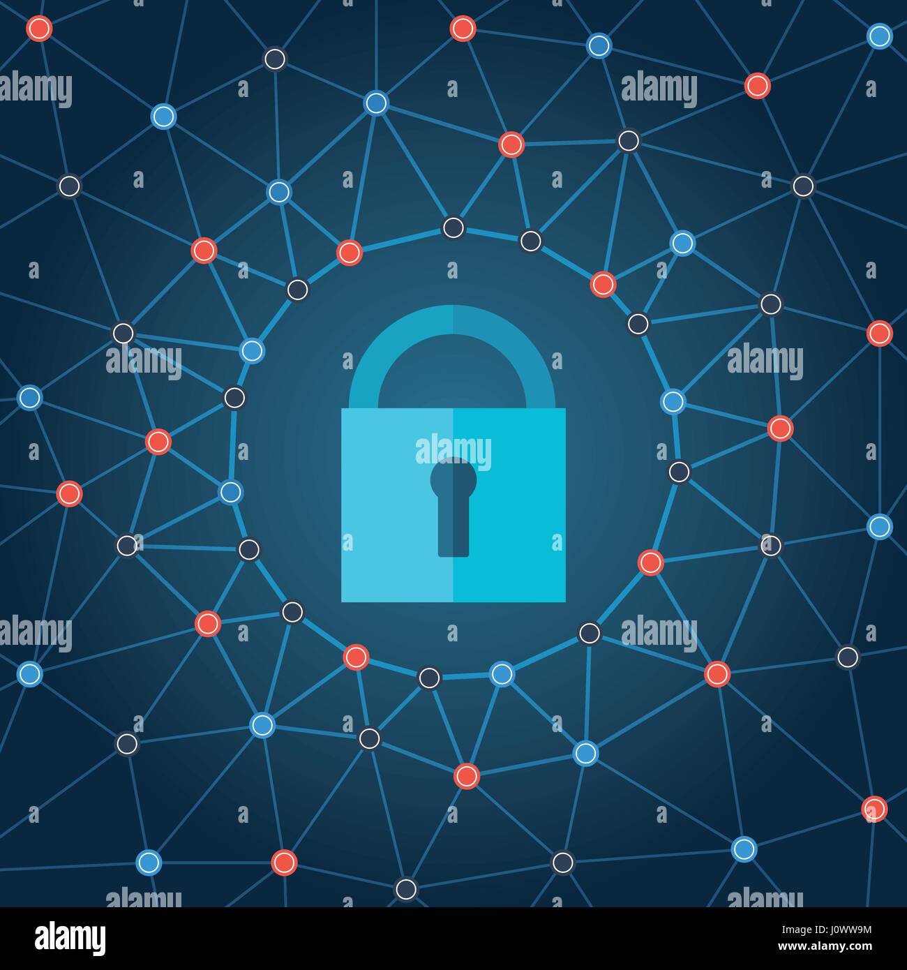 Global IT security protection concept. Web background with closed padlock and lines connecting dots. Stock Vector