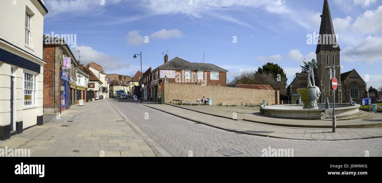 Fountain with bronze statue of a boy - junction of High Street and St Michael's Road, Braintree, Essex Stock Photo