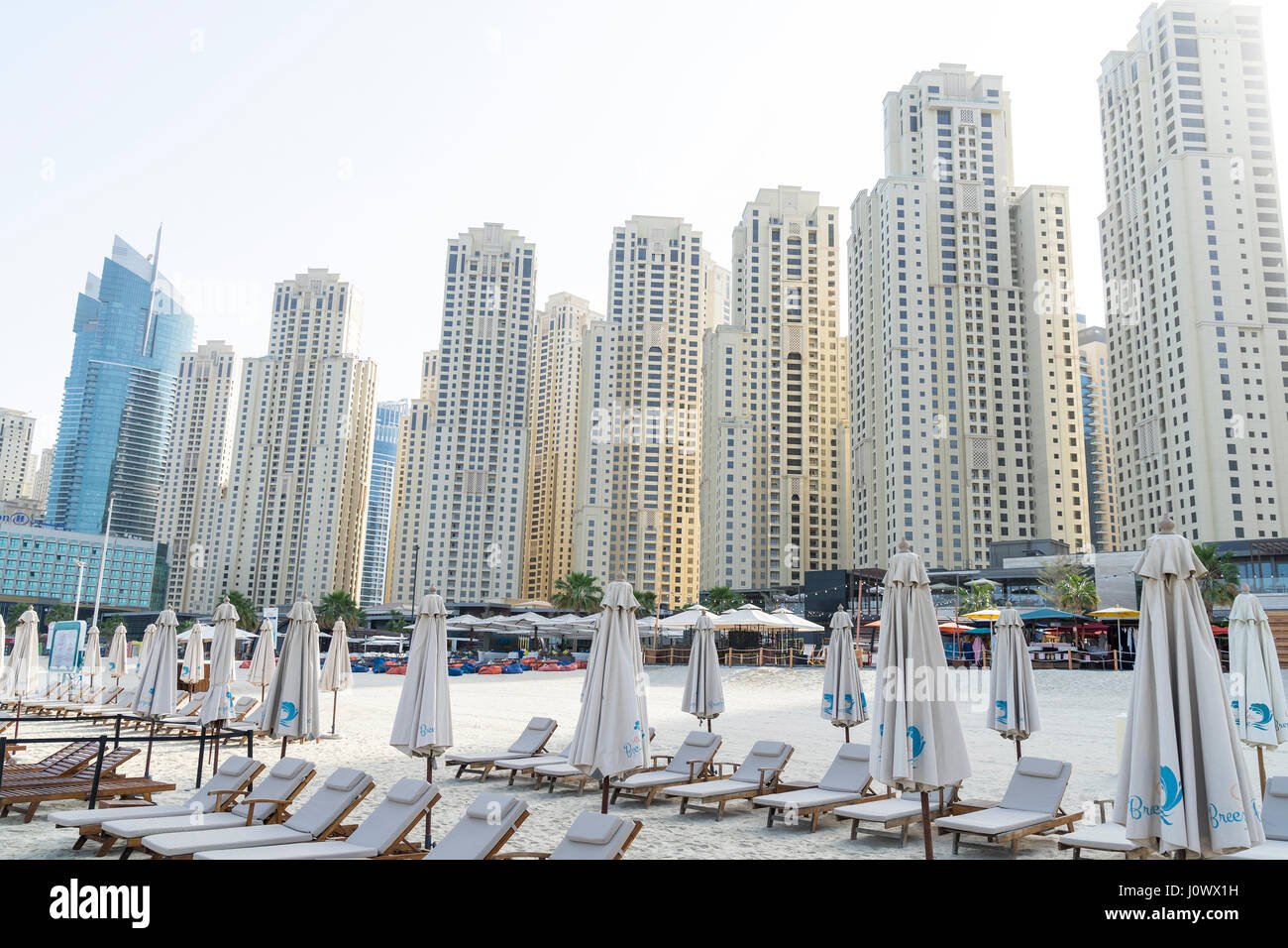 Dubai - January 30: View of Dubai Marina residential skyscrapers and hotels in the morning sun on January 30, 2017. Stock Photo