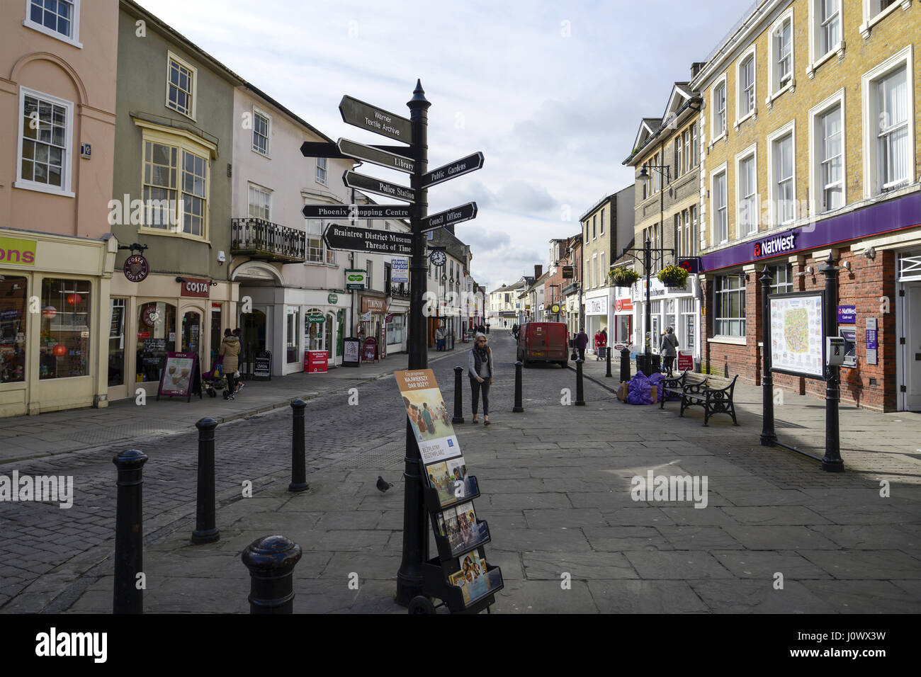 Town Centre Signpost, High Street, Braintree, Essex Stock Photo