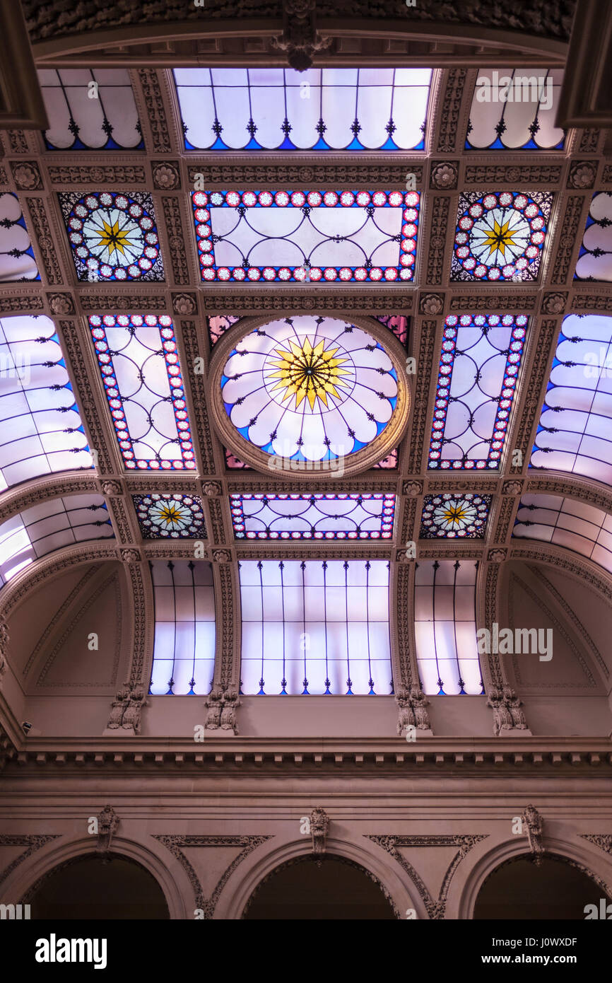 Osgoode Hall building stained glass skylight directly above the Atrium, Rotunda, view from below, Toronto, Ontario, Canada. Stock Photo