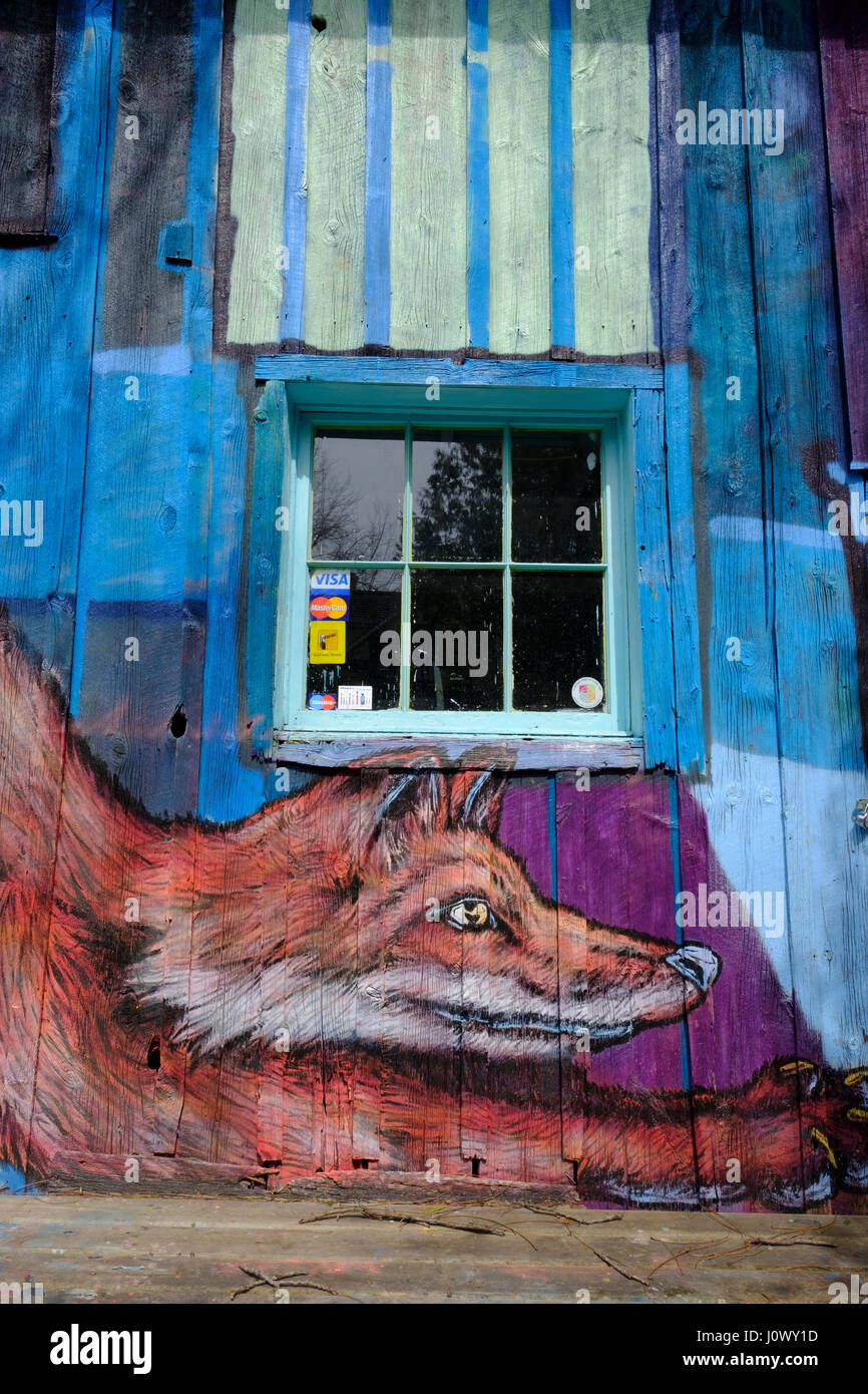 Graffiti art image of a fox painted on a barn wall in the Village of Bayfield, Ontario, Canada. Stock Photo