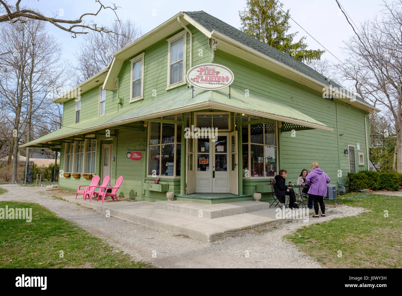 Street life, The Pink Flamingo bakery store in the Village of Bayfield, Ontario, Canada. Stock Photo