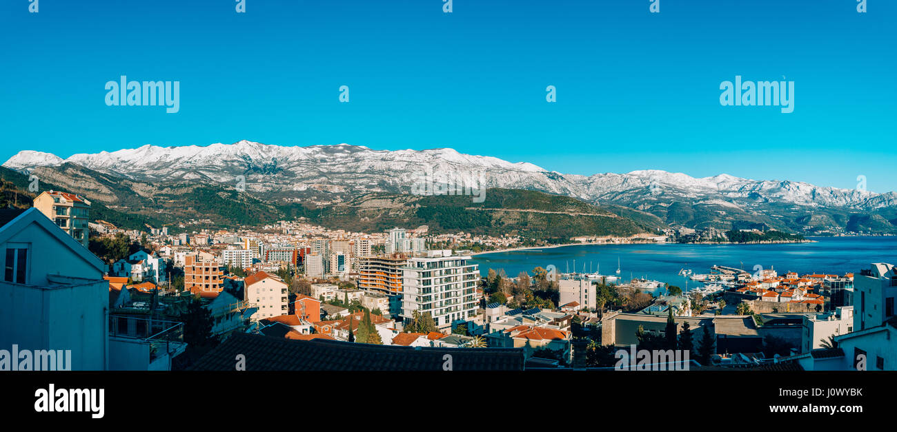 Snow-covered mountains of Budva Stock Photo