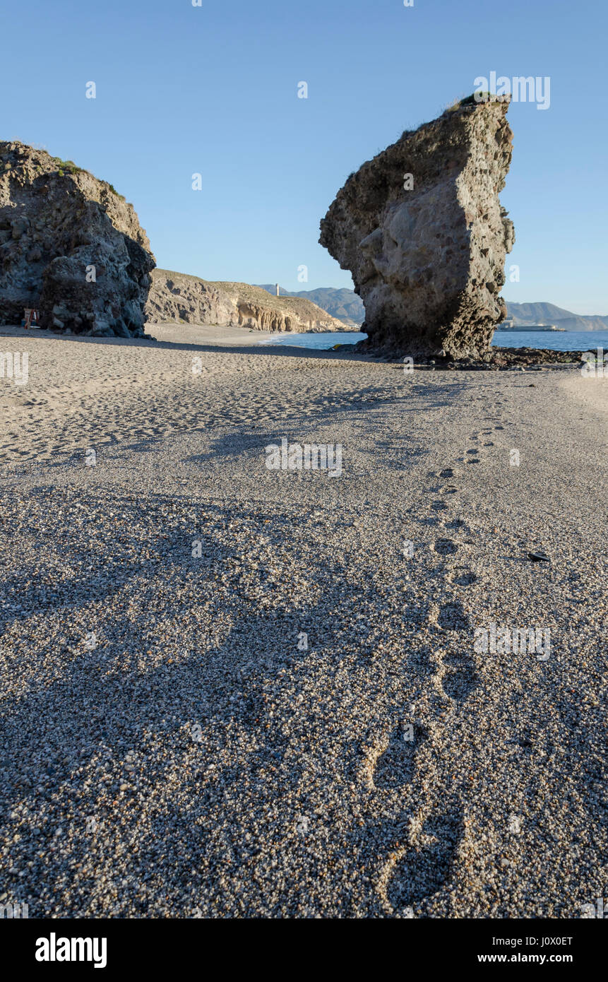 A sea landscape with footprints view in Dead beach, Almería province, Spain. Stock Photo