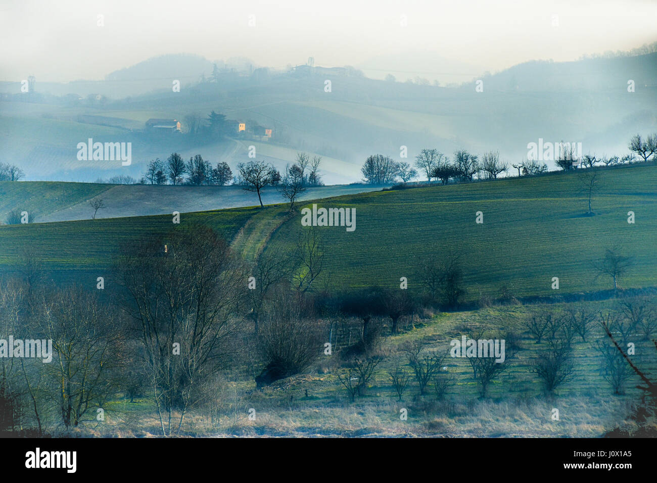 Rural landscape at sunrise, Carezzano, Piedmont, Italy Stock Photo