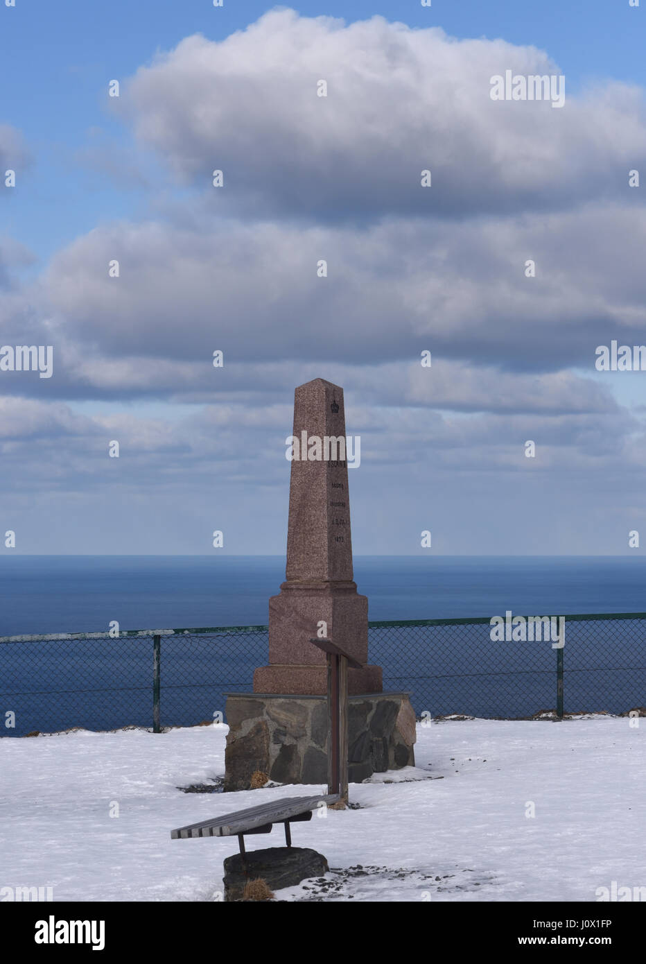 Memorial to the visit by King Oscar II to North Cape on  2 July 1873. ‘Kong OscarII besteg Nordkap d. 2Juli 1873’. Stock Photo