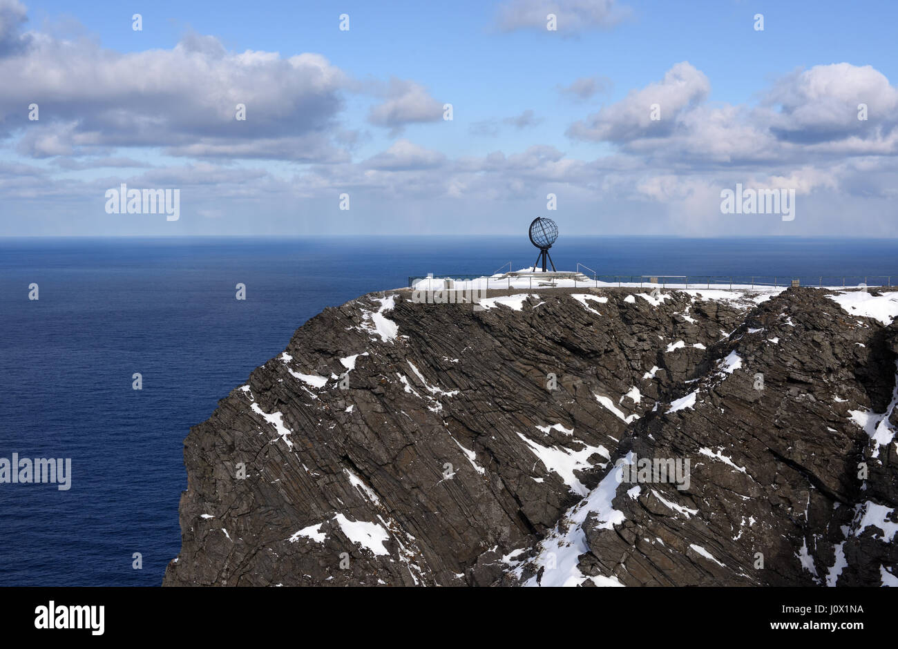 The globe monument on North Cape, Nordkapp. The monument overlooks the Barents Sea. Nordkapp, Finmark, Norway. Stock Photo