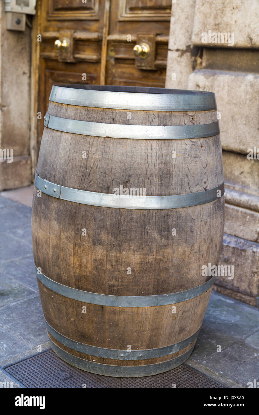 France, Nice, Beer barrel outside wine shop. Stock Photo