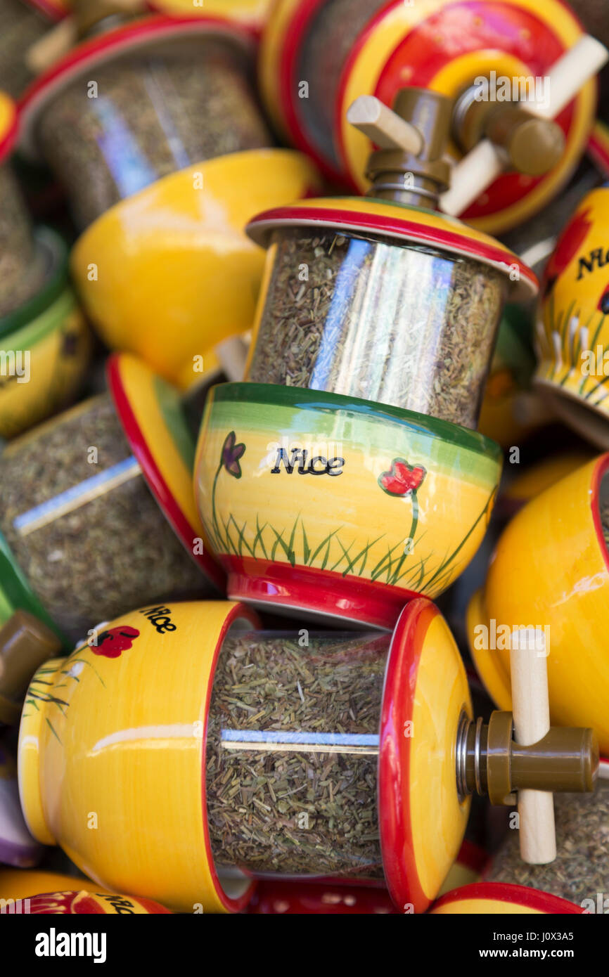 France, Nice, tourist souvenir herb pots for sale. Stock Photo