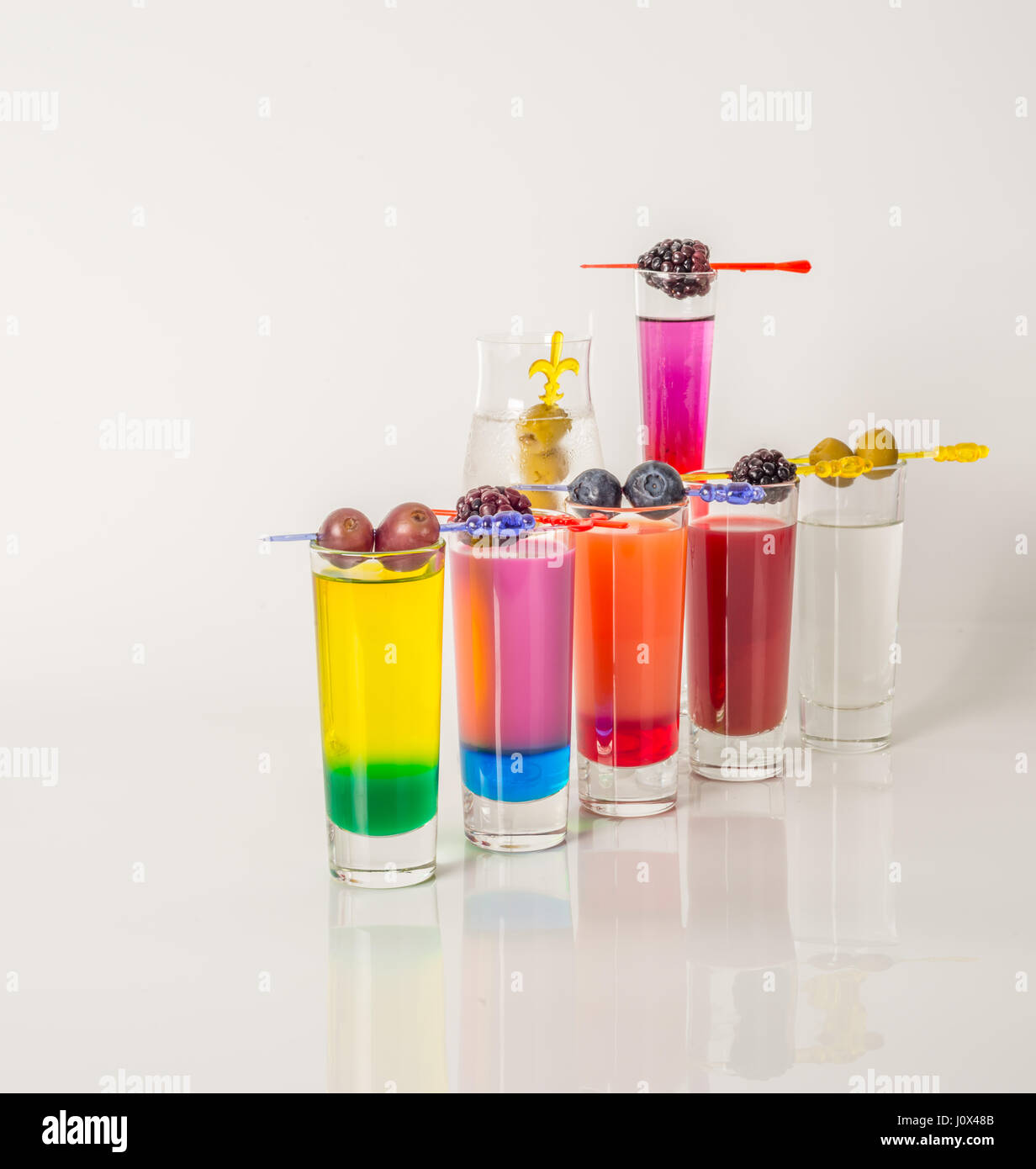 Colorful set of drinks, color drink decorated with fruit, color shots, party set Stock Photo