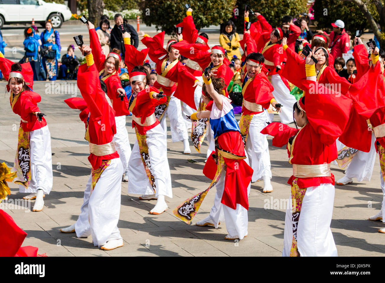 Hinokuni Yosakoi Dance festival in Kumamoto. Team formation dancing in red yukata jackets with white trousers, holding naruko, clappers. Side view. Stock Photo